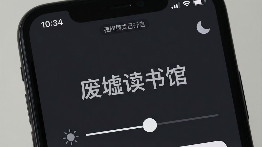 主体:一部手机屏幕特写,显示“废墟读书馆”的夜间模式界面,背景为深灰色,文字为浅灰色,右上角有月亮图标。布局:屏幕内容居中,下方有亮度调节滑块。风格:暗色、舒适、护眼。细节:屏幕上方有一条状态栏,显示时间与电量,旁边有“夜间模式已开启”的小字提示。画质:高清,对比度适中,干净,无多余元素。