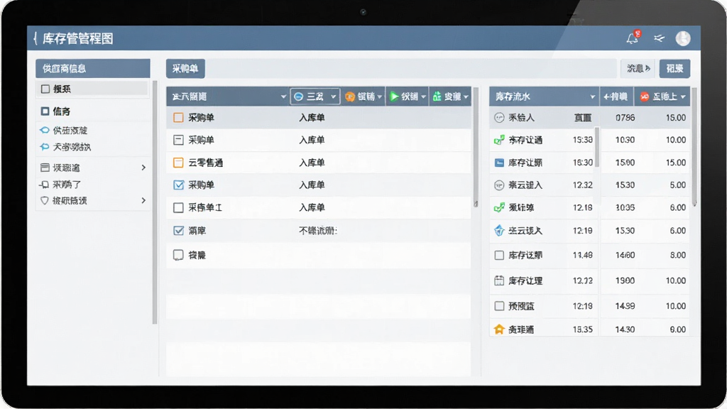 三云零售通进销存管理流程图预览图,电脑界面显示采购单与入库单列表,左侧为供应商信息栏,右侧为库存流水记录,风格简洁,蓝灰色调,企业级软件界面,排版规整,画质清晰,无多余元素