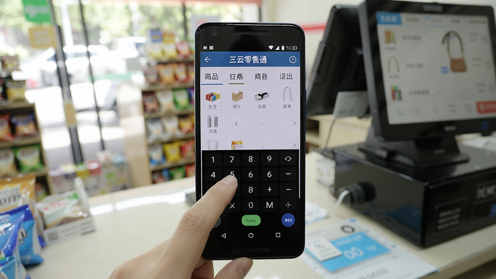 三云零售通手机操作界面实拍图,手指点击商品分类标签,屏幕显示收银键盘与商品列表,背景为便利店收银台场景,自然光拍摄,构图居中,安卓手机操作特写,画质细腻,无多余元素