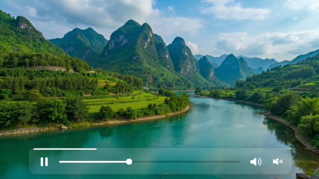 3gp视频播放器正在播放一段风景视频,画面中有青山绿水,播放器下方显示播放进度条和音量控制,界面半透明,与画面融为一体,整体风格简洁现代,画质高清,色彩鲜艳,无多余元素