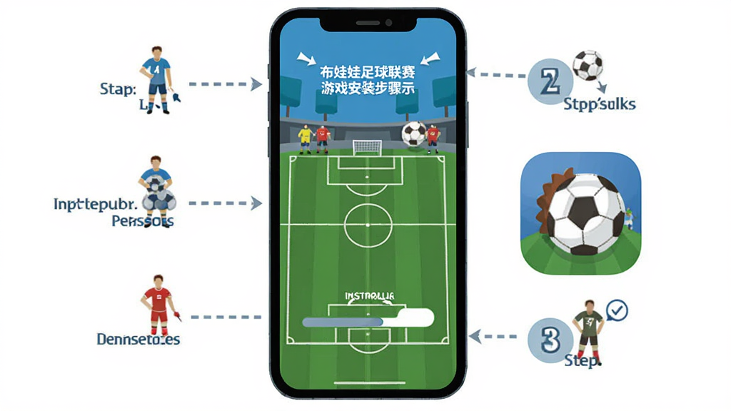 主体:布娃娃足球联赛游戏安装步骤示意图,手机屏幕显示安装界面,旁边有应用图标。布局:手机居中,周围有步骤标注。排版:步骤数字清晰。风格:扁平化插画。细节:手机屏幕内有足球场背景,安装进度条。画质:清晰,干净,无多余元素。