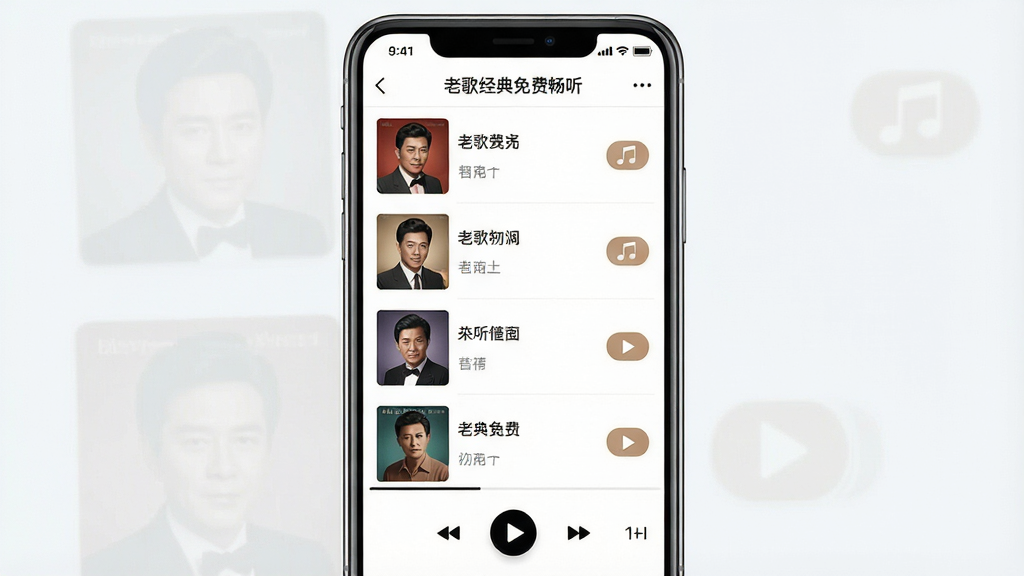 一张展示“老歌经典免费畅听”应用界面的高清截图,主体为手机屏幕,屏幕内显示歌曲列表和播放界面,排版居中,风格简洁明亮,细节包括专辑封面、歌名和播放按钮,画质清晰干净,无多余元素