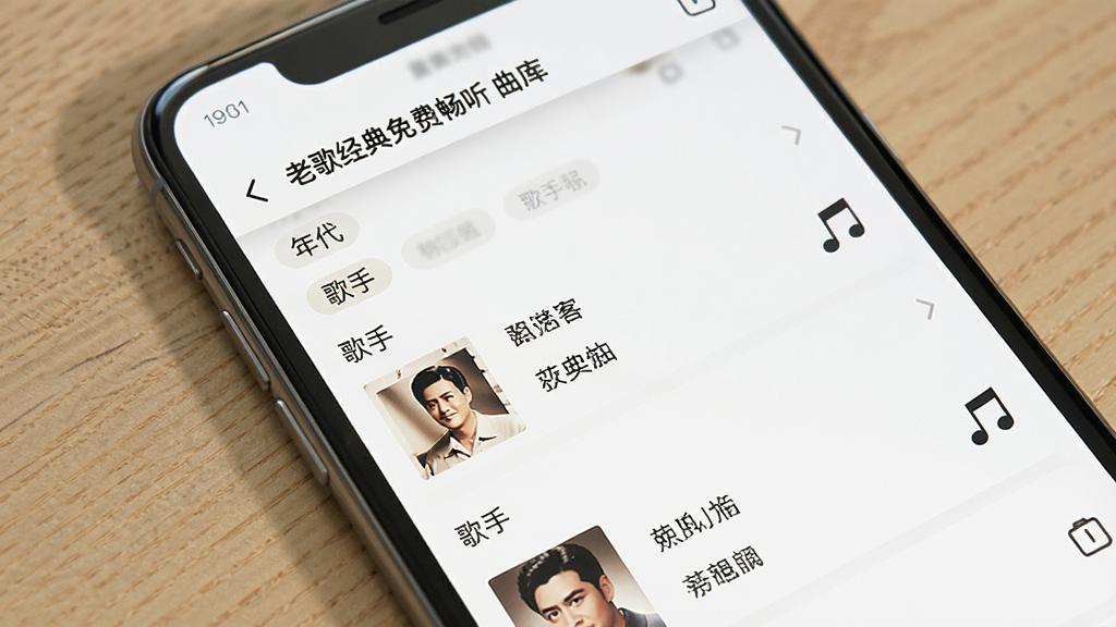 一张展示“老歌经典免费畅听”曲库分类界面的图片,主体为手机屏幕,屏幕内显示按年代和歌手分类的列表,布局整齐,风格简约,细节包括分类标签和歌曲名称,画质清晰干净,无多余元素