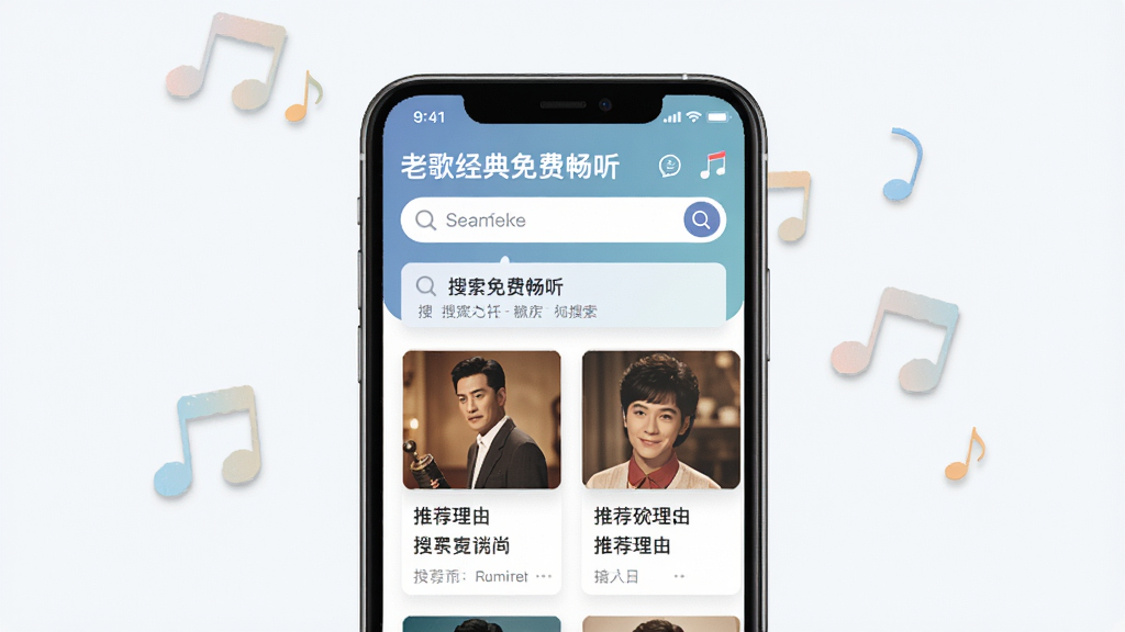 一张展示“老歌经典免费畅听”搜索和推荐功能的图片,主体为手机屏幕,屏幕内显示搜索框和推荐歌曲卡片,排版错落有致,风格现代,细节包括搜索建议和推荐理由,画质清晰干净,无多余元素
