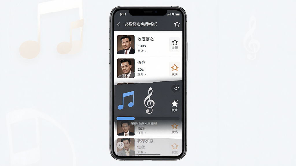一张展示“老歌经典免费畅听”收藏和缓存功能的图片,主体为手机屏幕,屏幕内显示歌单列表和缓存进度条,排版清晰,风格实用,细节包括收藏按钮和缓存状态图标,画质清晰干净,无多余元素