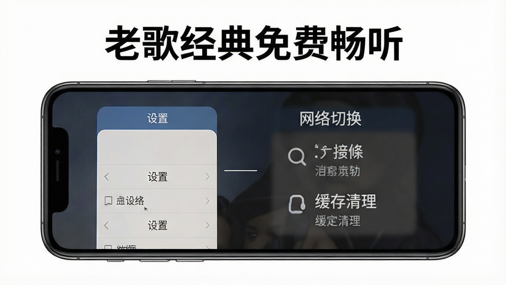 一张展示“老歌经典免费畅听”使用教程的示意图,主体为手机屏幕,屏幕内显示设置菜单和操作步骤,布局清晰,风格教学,细节包括网络切换和缓存清理选项,画质清晰干净,无多余元素