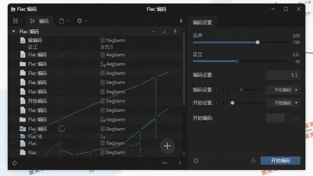 一张现代简约风格的软件界面截图,主体为“Flac 编码”软件主窗口,深色主题,左侧是文件列表,右侧是编码设置面板,整体布局清晰,排版整齐,风格专业,细节显示进度条和按钮文字“开始编码”,画质干净,无多余元素