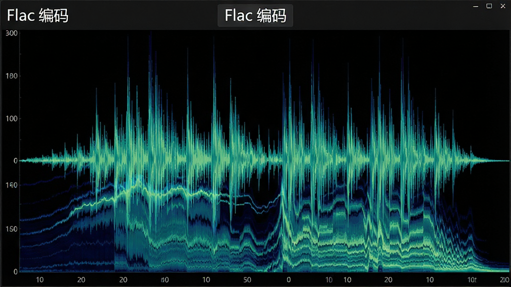 一张展示音频波形的图片,主体为“Flac 编码”软件处理后的音频频谱图,布局居中,波形饱满细腻,风格科技感,细节显示高频延伸和动态范围,画质清晰干净,无多余元素