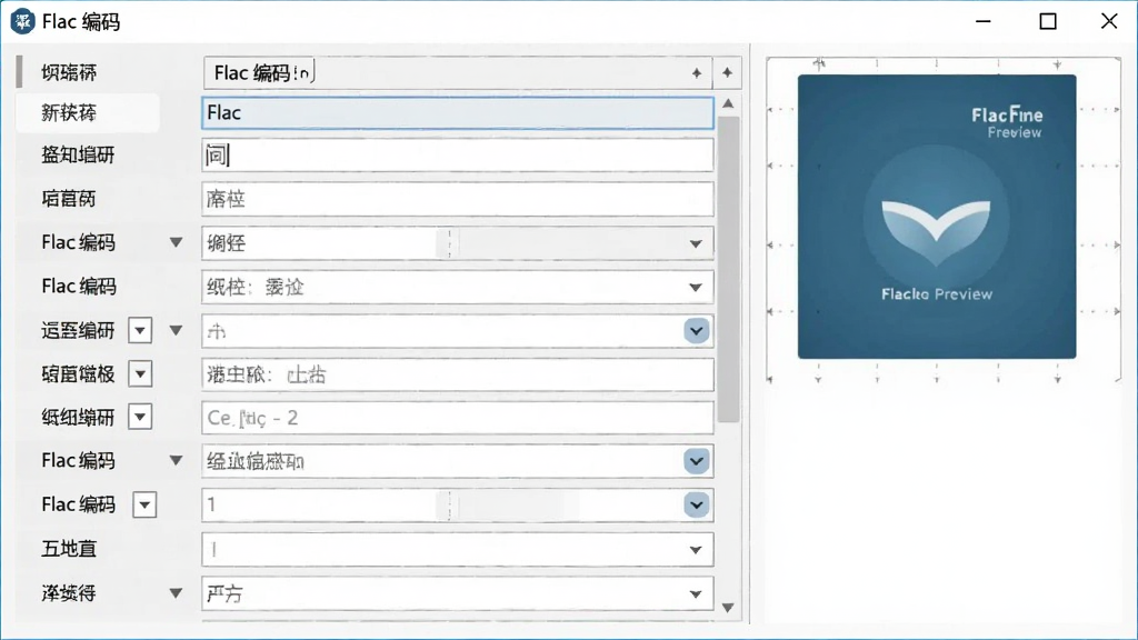 一张软件功能截图,主体为“Flac 编码”的元数据编辑窗口,左侧是标签字段,右侧是封面预览,布局规整,风格简洁,细节显示输入框和下拉菜单,画质干净,无多余元素