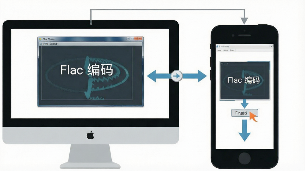 一张示意图,主体为电脑与手机并排,屏幕中显示“Flac 编码”软件界面,布局左右对称,风格扁平化,细节有箭头指示操作流程,画质干净,无多余元素