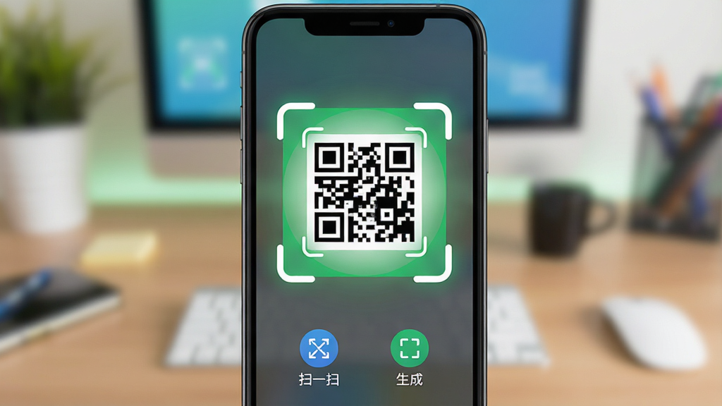 主体:手机屏幕展示微扫码二维码软件的扫码界面,界面中央有一个绿色的扫描框,扫描框内有一个清晰的二维码图案。布局:手机居中摆放,屏幕朝前,扫描框突出显示,周围有淡淡的光晕效果。排版:界面下方有“扫一扫”、“生成”等图标按钮,文字清晰。风格:扁平化设计,色彩明亮,科技感。细节:扫描框四角有白色边角线,背景有模糊的桌面环境。画质:高清,干净,无多余元素。