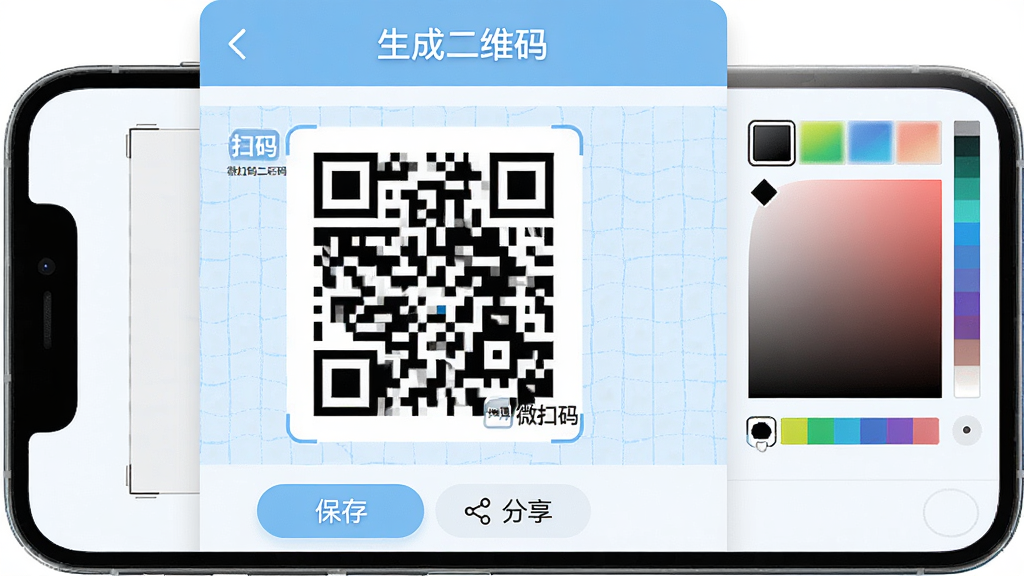 主体:微扫码二维码软件生成二维码的界面,右侧有颜色选择器,左侧是预览区的二维码图案,下方有“保存”和“分享”按钮。布局:手机竖屏,界面左右分栏,二维码居中显示,背景有淡蓝色网格。排版:顶部有“生成二维码”标题,按钮圆角设计。风格:简约商务,配色以浅蓝和白色为主。细节:二维码图案由黑白方块组成,角落有微扫码二维码的水印。画质:高清,干净,无多余元素。