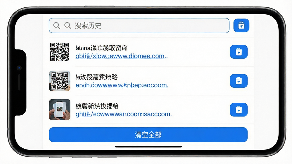 主体:手机横屏显示微扫码二维码的历史记录列表,每条记录右侧有删除按钮,屏幕上方有搜索框。布局:列表清晰排列,白色背景,蓝色点缀。排版:每条记录包含缩略图和链接地址,字体清晰。风格:简洁列表风格。细节:搜索框有“搜索历史”提示文字,底部有“清空全部”按钮。画质:高清,干净,无多余元素。