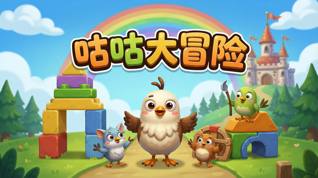 一张充满童趣的游戏宣传图,主体是《咕咕大冒险》的吉祥物“咕咕鸡”和它的伙伴们,它们站在一个巨大的、由积木搭建的冒险关卡起点。背景是蓝天白云和彩虹,远处有城堡和森林。画面中央有醒目的游戏标题“咕咕大冒险”,字体活泼可爱。整体布局饱满,色彩明快,卡通渲染风格,细节丰富,画质高清,干净无多余元素。