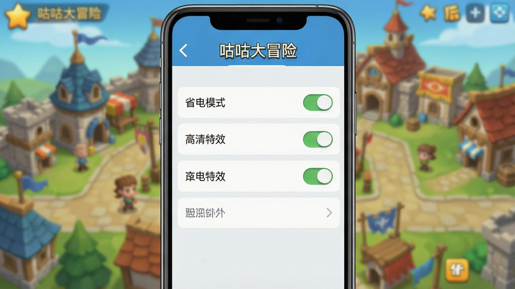 一张《咕咕大冒险》的游戏设置界面截图,主体是手机屏幕上的设置菜单,可以看到“省电模式”、“高清特效”等选项开关。背景是模糊处理的游戏主城界面。画面清晰,UI布局规整,风格简约,画质干净,无多余元素。