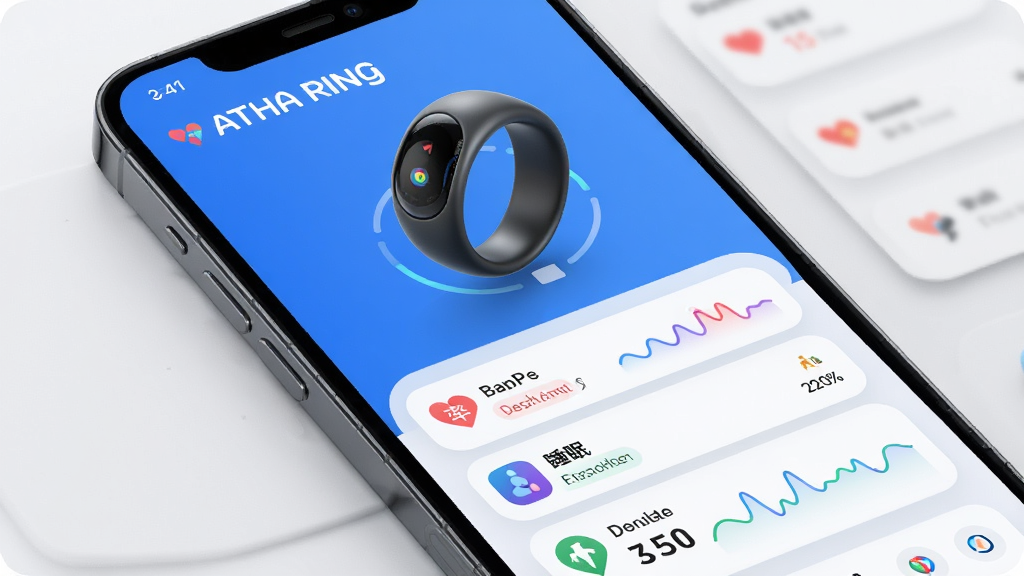 ATHA RING 智能戒指管理应用界面展示,主体为手机屏幕中展示戒指连接状态与健康数据卡片,布局采用上下结构,上方为戒指3D模型旋转展示,下方为心率、睡眠、运动数据列表,排版简洁清晰,风格现代科技感,蓝白主色调,细节包含圆角卡片、柔和阴影、数据波纹图,画质高清干净,无多余元素。