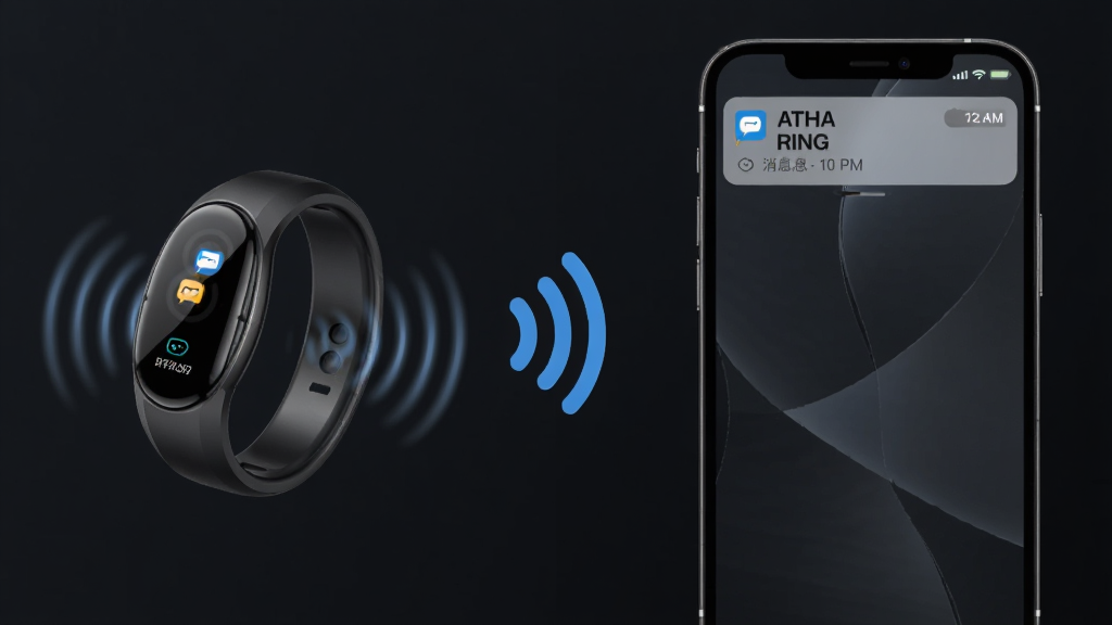 ATHA RING 消息提醒功能展示,主体为智能戒指震动提示与手机通知栏消息同步,布局左戒指右手机,中间用无线信号连接,排版对比鲜明,风格简约商务,深色背景,细节包含消息图标、时间戳、震动波纹效果,画质高清干净,无多余元素。