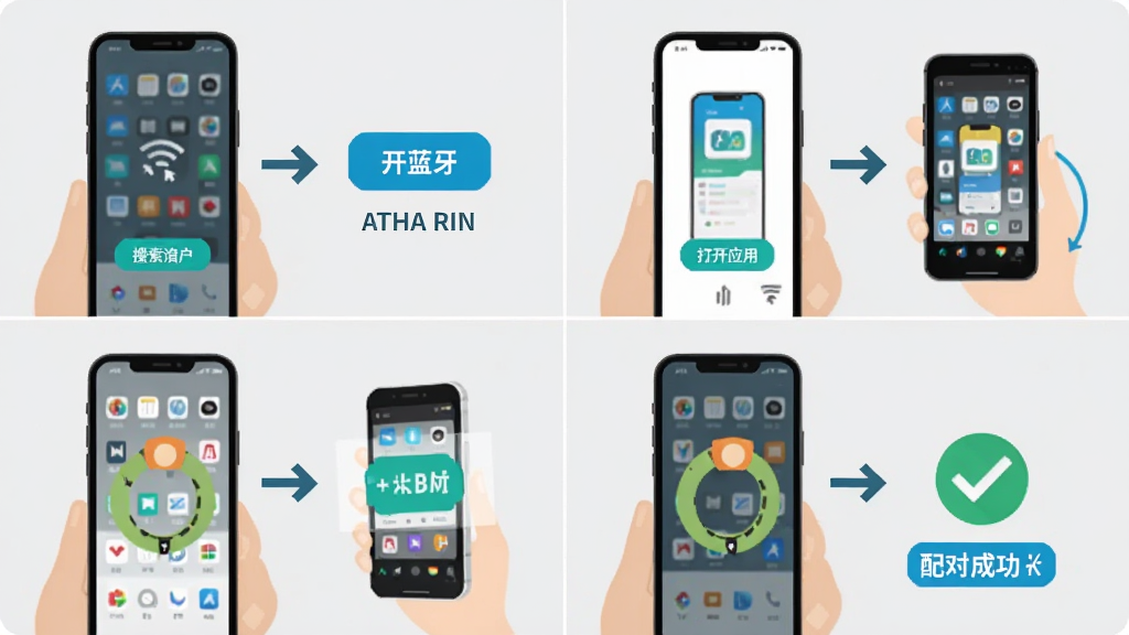 ATHA RING 使用指南示意图,主体为手机连接戒指的操作步骤演示,布局分为四宫格,每格展示一步操作(开蓝牙、打开应用、搜索设备、配对成功),排版步骤清晰,风格扁平化,浅灰背景,细节包含箭头指引、高亮按钮、成功对勾图标,画质干净无多余元素。