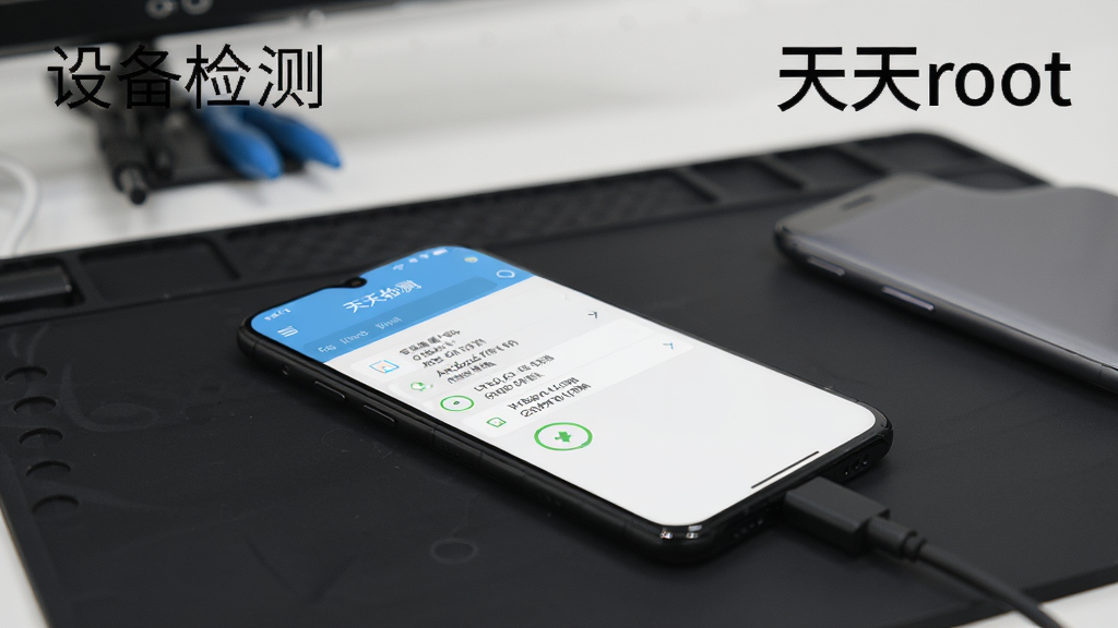 一张智能手机连接电脑的示意图,屏幕显示天天root正在进行设备检测,界面列出手机型号、Android版本、内核版本等信息,背景为简洁的深色工作台,画面清晰,文字标注“设备检测”和“天天root”,整体布局专业,画质干净