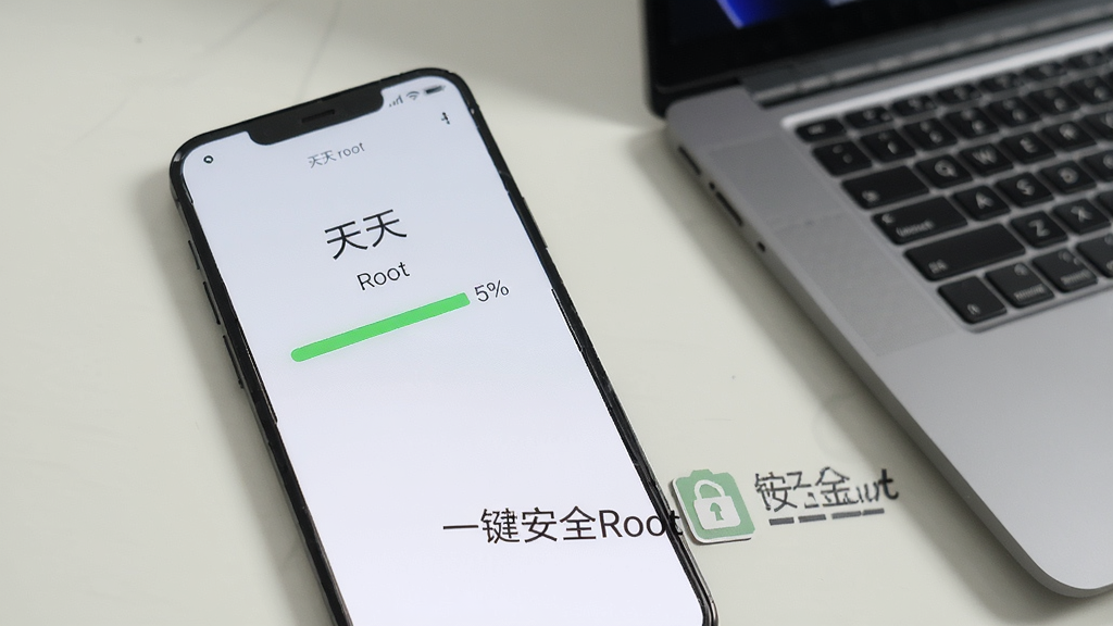 一张智能手机屏幕显示天天root正在执行Root操作,进度条处于百分百状态,界面简洁,背景为浅色桌面,旁边有一台笔记本电脑,画面突出“一键安全Root”字样,整体风格写实,画质清晰