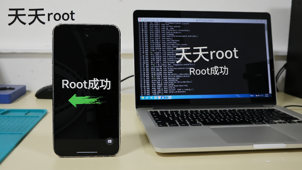 一张智能手机和一台笔记本电脑并排放在桌上,屏幕上都显示天天root的界面,手机屏幕显示“Root成功”,电脑屏幕显示详细日志,背景为简洁的工作台,画面清晰,文字标注“天天root”和“Root成功”,整体风格写实,画质干净