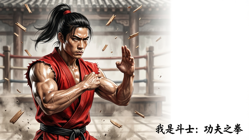 主体为一位肌肉线条分明的功夫武者,身着红色短打练功服,扎着马尾辫,双拳紧握摆出起手式,眼神坚毅,背景是古色古香的比武擂台,四周有飘落的木屑与飞扬的尘土,整体布局采用黄金分割构图,武者位于画面左侧三分之一处,右侧留白,画面风格为写实水墨风,细节呈现武者肌肉纹理与汗水光泽,画质高清,干净,无多余元素,文字标注为“我是斗士:功夫之拳”