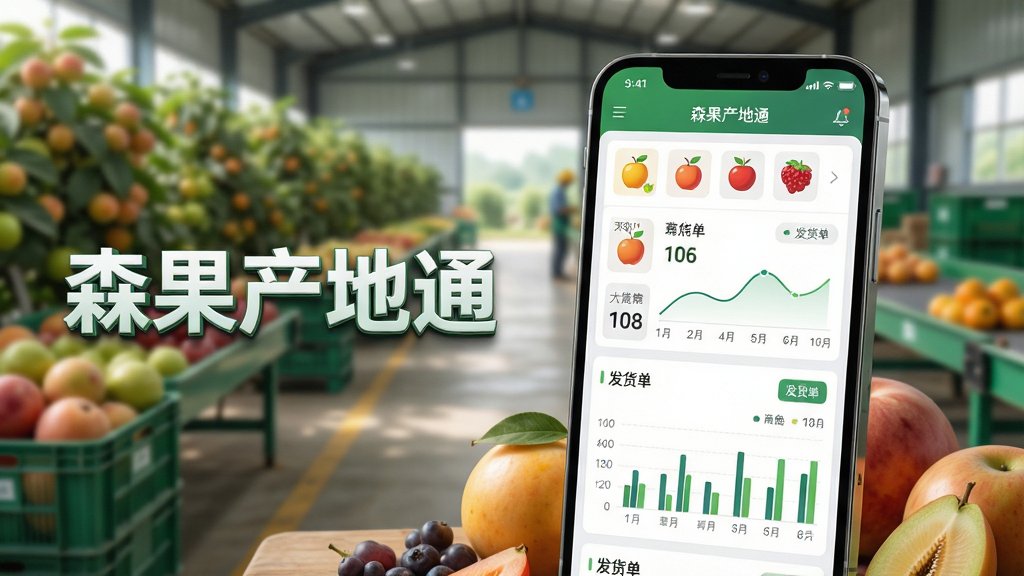 主体:一款名为“森果产地通”的现代化农业管理软件界面展示,中心是手机屏幕特写,屏幕内显示清晰的水果产地采购订单列表和库存图表。布局:手机位于画面中央偏右,左侧留白处放置软件名称“森果产地通”的立体字样。排版:简洁的商业产品展示构图,背景为虚化的水果种植基地或分拣车间。风格:写实科技风,光影层次分明,突出屏幕内容。细节:手机屏幕上有符号化的水果图标、数据曲线和“发货单”字样,周围点缀几颗新鲜水果。画质:8K超清,干净,无多余元素。