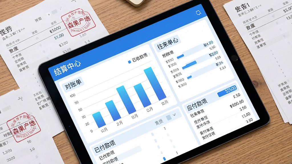 主体:森果产地通软件的“结算中心”功能界面截图,以平板电脑形式展示,屏幕上显示清晰的条形统计图和往来单位列表。布局:平板电脑倾斜放置于木质桌面,周围散落着几份盖章的纸质对账单。排版:俯视角度,突出屏幕内数据展示。风格:商务极简风,蓝白主色调。细节:屏幕上有“对账单”、“已收款项”、“应付款项”等文字标签,数据条以渐变蓝色显示。画质:超清,干净,无多余元素。