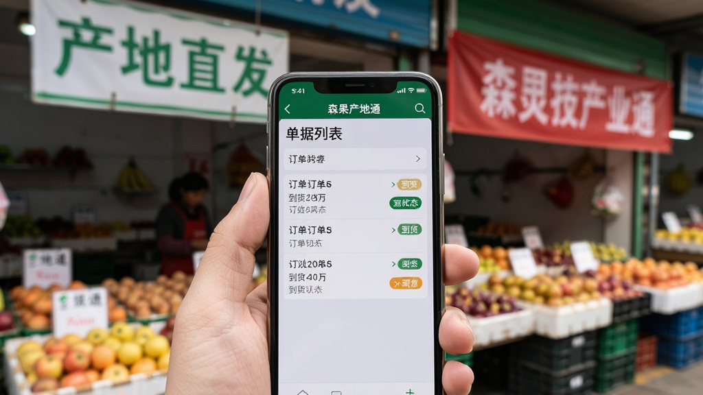 主体:一部运行着森果产地通软件的智能手机被握在手中,屏幕显示“单据列表”页面,背景是模糊的水果批发档口,挂有“产地直发”招牌。布局:手机作为前景主体,屏幕内容清晰可辨,背景环境虚化处理。排版:竖向构图,突出手机操作界面。风格:纪实摄影风格,真实自然。细节:手机屏幕上有订单编号和到货状态标记,背景可见红色横幅。画质:高清,干净,无多余元素。