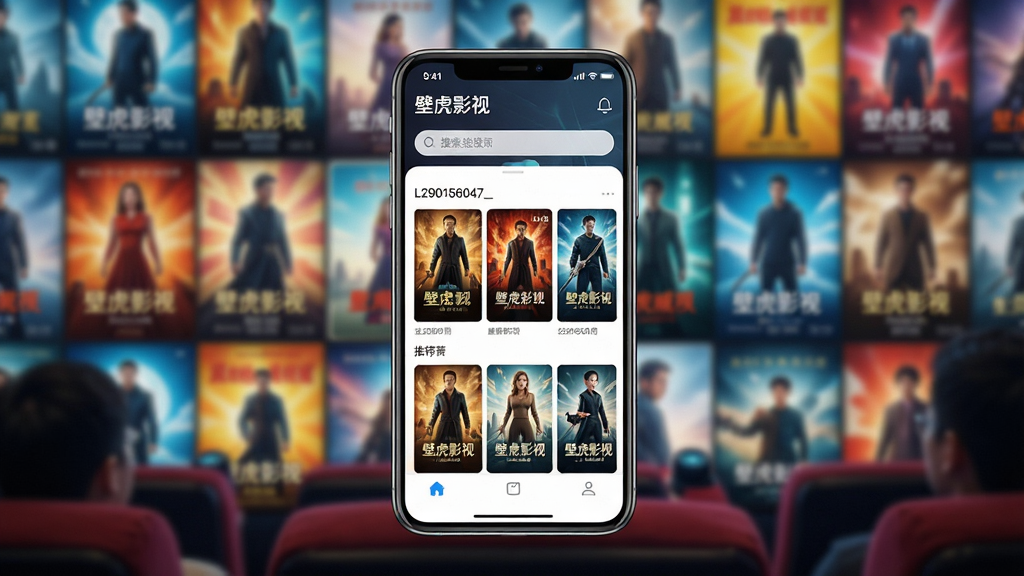 主体:一部智能手机屏幕显示“壁虎影视威信___L290156047”应用界面,背景是色彩丰富的影视海报墙。布局:手机居中,屏幕内容清晰可见,周围有轻微虚化的观影场景。排版:手机屏幕内展示应用首页,顶部有搜索栏,下方是推荐影片封面网格。风格:现代科技感,明亮通透,色彩鲜艳。细节:手机屏幕上有“壁虎影视”字样,画面干净,无多余元素。画质:高清,光线柔和,细节丰富,干净无多余元素。