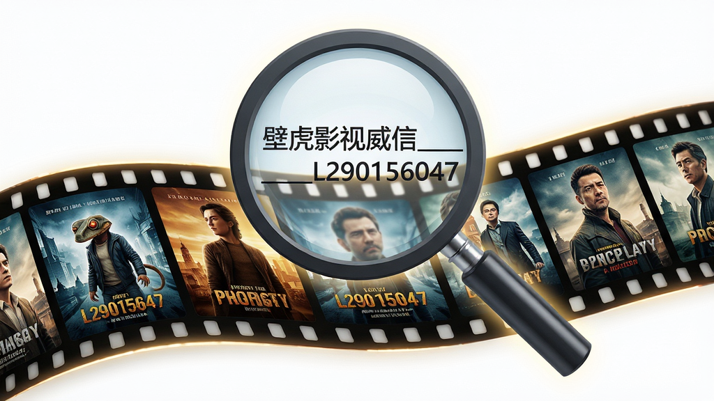 主体:一个放大镜图标悬浮在电影胶片之上,胶片上排列着多部影片的封面。布局:放大镜位于画面中央偏上,胶片横向铺展,封面清晰可辨。排版:胶片上的影片封面错落有致,放大镜内显现“壁虎影视威信___L290156047”字样。风格:创意合成,色彩鲜明,光影效果突出。细节:胶片边缘有微光,电影封面细节丰富,画面干净无多余元素。画质:高分辨率,质感细腻,干净无多余元素。