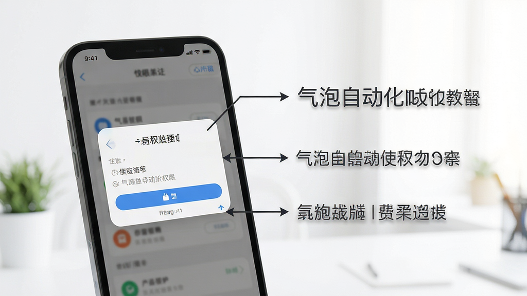 气泡自动化使用教程示意图,手机屏幕显示悬浮窗权限设置界面,旁边有文字标注,背景简洁明亮,排版清晰,风格写实,画质干净,无多余元素