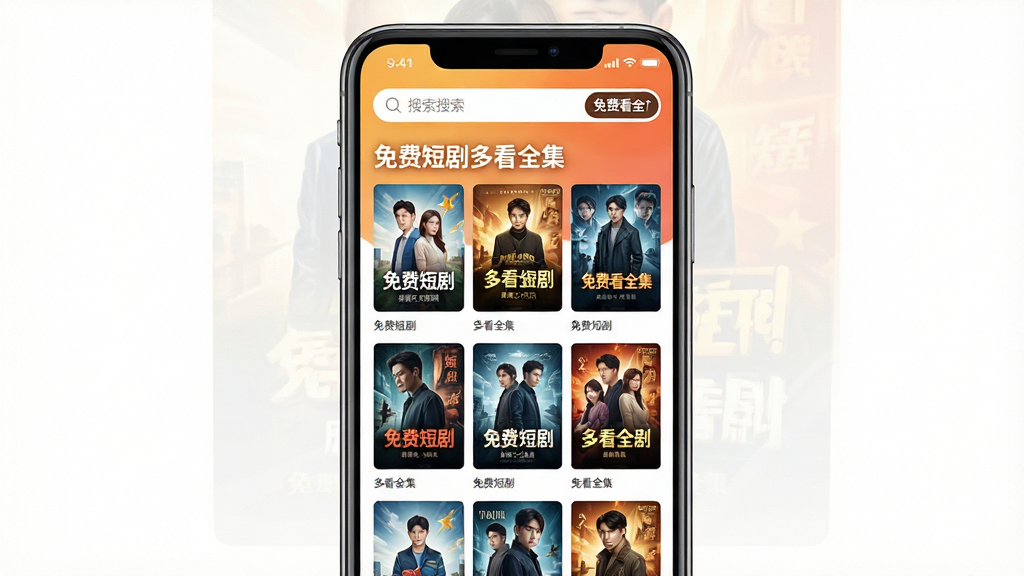 主体:手机屏幕展示《免费短剧多看全集》APP界面,背景为暖色渐变,屏幕中显示热门短剧海报墙,顶部有搜索栏和“免费看全集”字样;布局:手机居中,四周留白,界面元素清晰排列;排版:海报以网格状均匀分布,标题文字置于上方;风格:扁平化设计,色彩明快,现代感强;细节:手机屏幕反光自然,海报封面精致,文字“免费短剧多看全集”加粗显示;画质:高清渲染,干净,无多余元素。