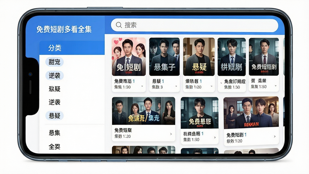 主体:手机屏幕展示《免费短剧多看全集》的剧库分类页面,左侧为分类列表,右侧为剧集封面缩略图;布局:上下结构,上方为搜索框,下方为瀑布流卡片;排版:卡片整齐排列,每张卡片显示剧名和集数;风格:清爽简洁,蓝白配色;细节:分类标签如“甜宠”“逆袭”“悬疑”清晰可见,封面图风格多样;画质:高清,干净,无多余元素。