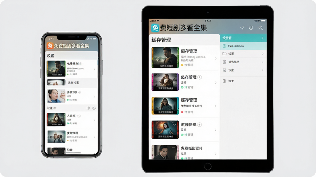 主体:手机与平板并排展示《免费短剧多看全集》应用界面,屏幕中显示播放列表和设置菜单;布局:左侧为手机,右侧为平板,背景为浅灰色;排版:设备居中,屏幕内容清晰可辨;风格:科技感,简洁明亮;细节:手机屏幕中显示“设置”选项,平板屏幕中显示“缓存管理”,文字“免费短剧多看全集”出现在顶部;画质:高清,干净,无多余元素。