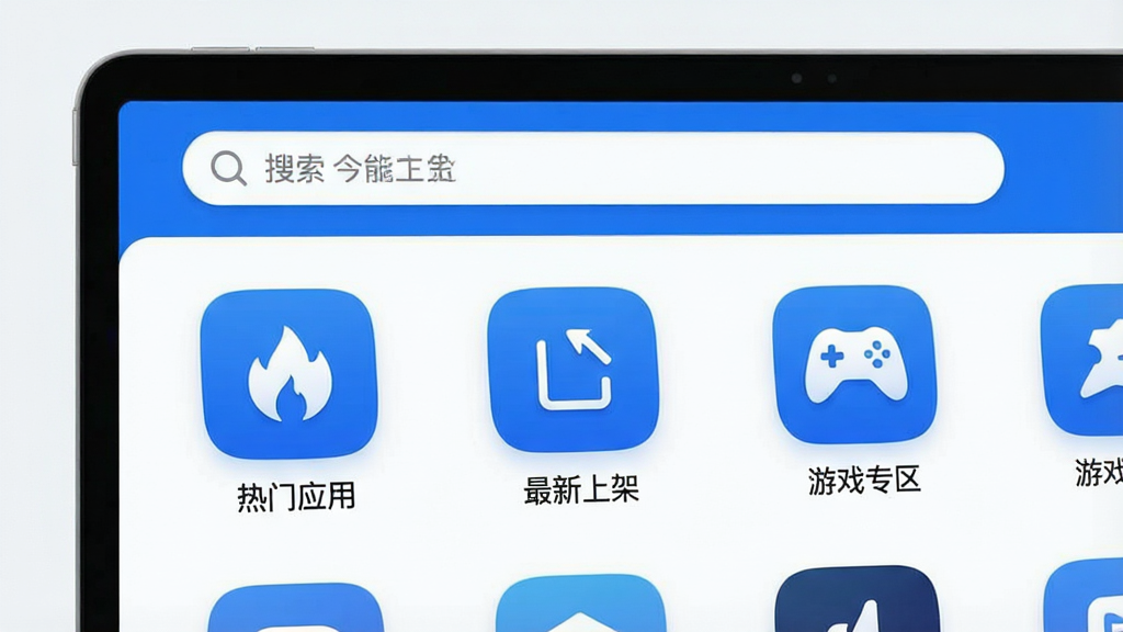 一幅展示分享社软件库主界面的高清截图,界面整洁现代,顶部有搜索栏,下方为分类图标如“热门应用”、“最新上架”、“游戏专区”,整体蓝白配色,图标圆润,背景干净,画质细腻,无多余元素