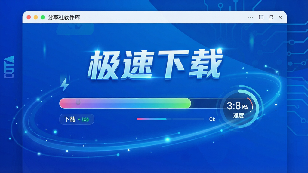 一幅动态风格的示意图,展示分享社软件库的下载界面,中央有下载进度条和速度指示,背景为科技感蓝色渐变,带有“极速下载”字样,整体视觉效果流畅,画质清晰,无多余元素