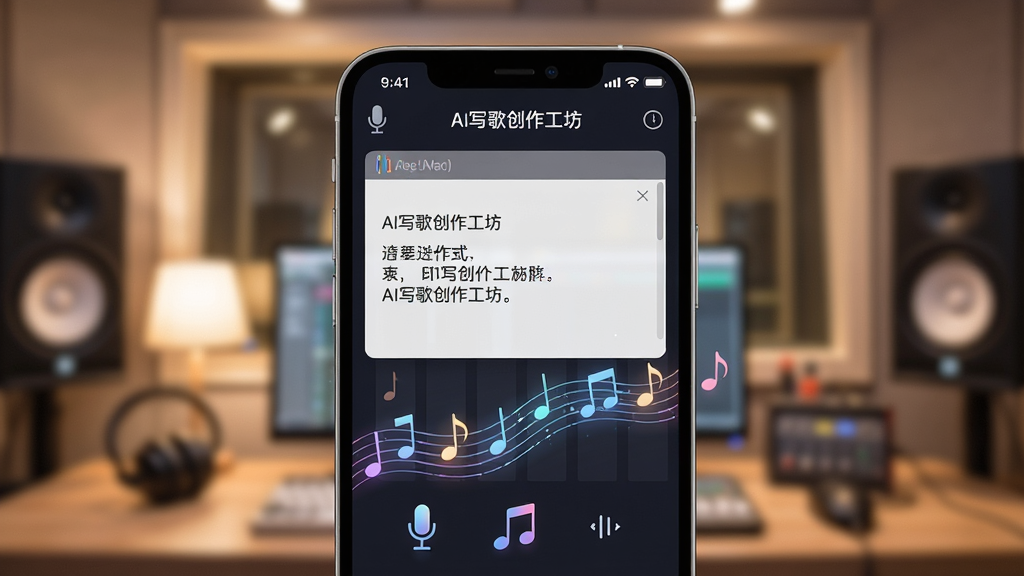 画面主体为“AI写歌创作工坊”的智能手机界面特写,屏幕中显示歌词编辑框和音符流动的特效,背景是录音棚的柔和灯光,布局居中,排版简洁,风格充满科技感与艺术感,细节包含麦克风图标和音符元素,画质高清干净,无多余元素
