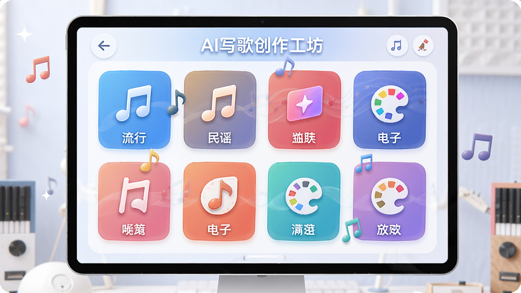 画面主体为“AI写歌创作工坊”的曲风选择界面,屏幕中显示多种音乐风格图标如流行、民谣、电子等,布局呈网格状,排版整齐,风格明亮现代,细节包含音符和调色盘元素,画质干净无多余元素