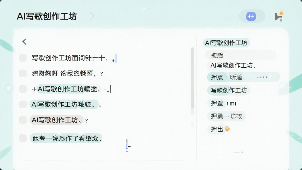 画面主体为“AI写歌创作工坊”的歌词编辑页面,屏幕中展示歌词行和押韵推荐词条,布局左右分栏,排版清晰,风格简洁清新,细节包含光标闪烁和词语高亮,画质干净无多余元素