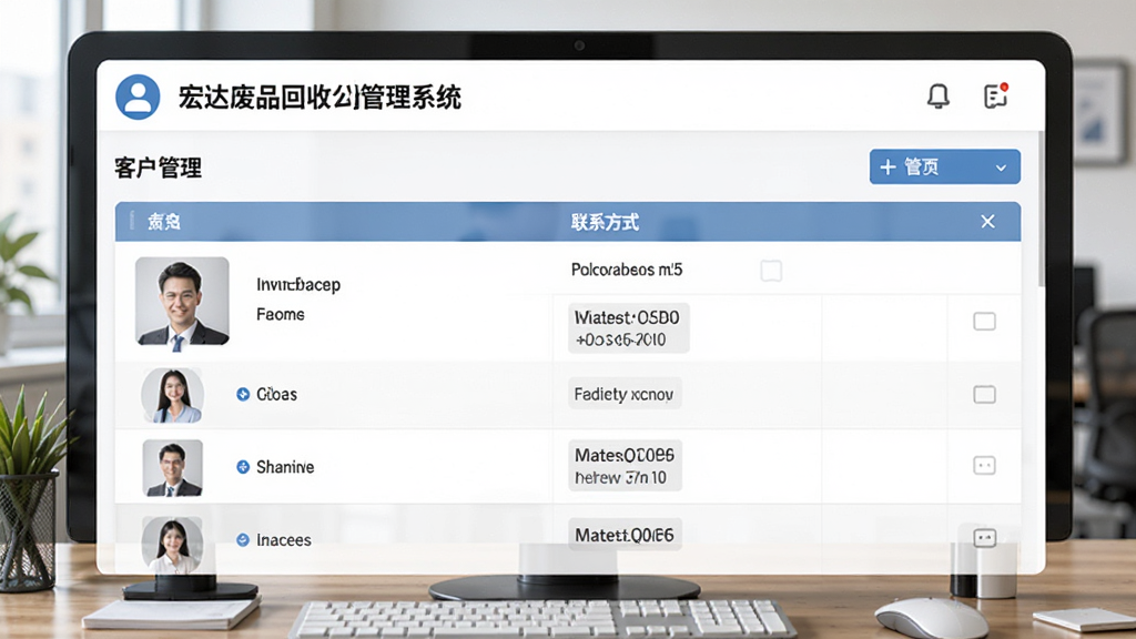 宏达废品回收公司管理系统客户管理页面,表格显示客户列表,头像和联系方式,背景为办公桌面,简洁UI设计,高分辨率,干净整洁