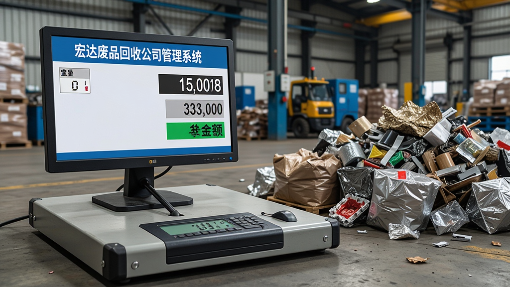 宏达废品回收公司管理系统称重界面,电子地磅连接电脑,显示重量和金额,旁边有废品堆,工业风格,细节丰富,画质清晰,无多余元素