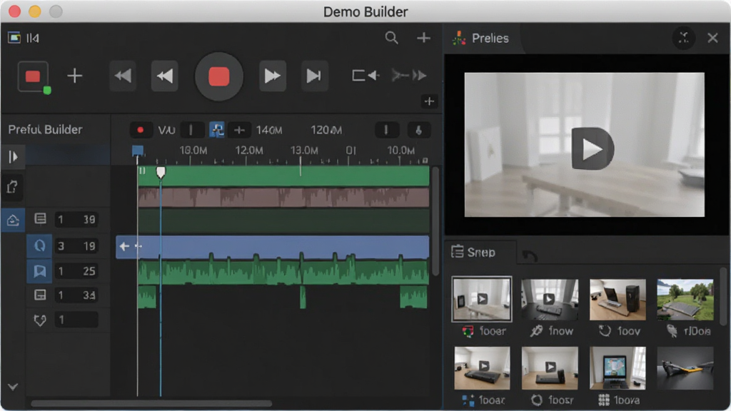 一幅展示 Demo Builder 软件界面的高清图片,主体为软件主窗口,包含屏幕录制控制条、时间轴编辑面板和预览区域,布局清晰,排版专业,风格现代简洁,细节展示录制按钮和素材库,画质清晰,干净整洁,无多余元素