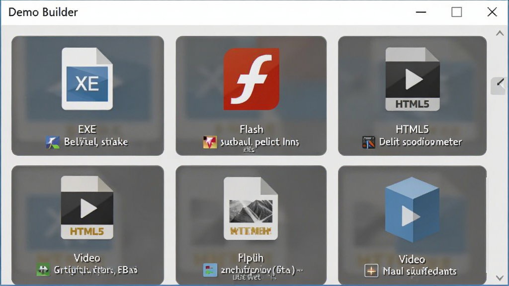 一张展示 Demo Builder 导出选项的界面截图,主体为导出设置窗口,列出了 EXE、Flash、HTML5、视频等多种格式图标,布局整齐,排版直观,风格扁平化,细节有格式说明文字,画质高清,干净,无多余元素
