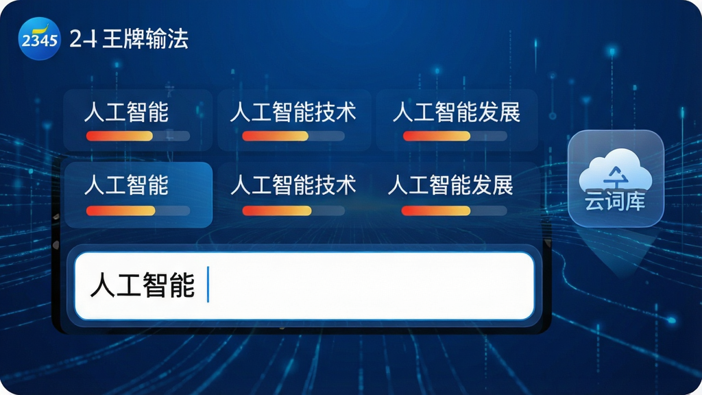 主体:2345王牌输入法智能云输入功能演示,屏幕上显示输入“人工智能”时,候选词列表自动出现“人工智能”、“人工智能技术”、“人工智能发展”等选项。布局:输入框位于左下方,候选词横向排列在输入框上方,右侧为云词库同步图标。排版:候选词字体清晰,高亮显示最佳匹配项。风格:科技蓝背景,数据流动线条。细节:输入法logo出现在角落,候选词带有词频热度条。画质:高清渲染,干净无多余元素。