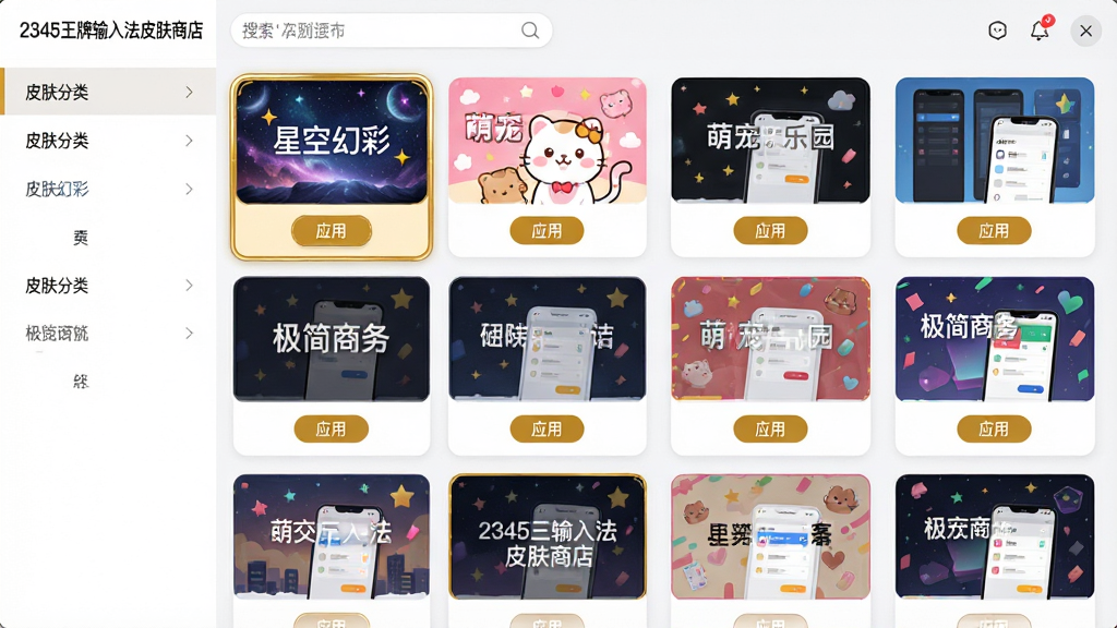 主体:2345王牌输入法皮肤商店界面,展示多种风格皮肤缩略图,包括“星空幻彩”、“萌宠乐园”、“极简商务”等。布局:左侧为皮肤分类列表,右侧为皮肤预览大图。排版:皮肤卡片整齐排列,选中皮肤带有金色边框。风格:时尚活泼,色彩丰富。细节:每个皮肤缩略图下方有“应用”按钮,顶部有搜索框。画质:高清,干净无多余元素。