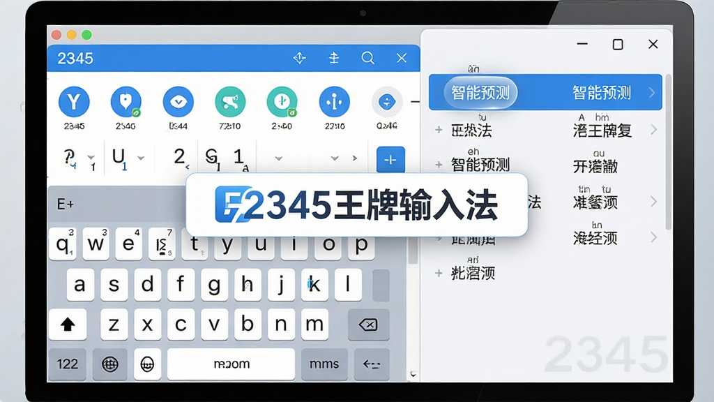 主体:2345王牌输入法软件界面展示,一个现代简约的输入法状态栏悬浮在电脑屏幕中央,旁边有“2345王牌输入法”品牌字样。布局:屏幕左侧展示输入法主界面,右侧展示候选词列表,下方为键盘分布图。排版:界面整洁,功能图标排列有序,色彩以蓝白为主。风格:科技感与亲和力结合,扁平化设计。细节:高光突出“智能预测”功能,候选词带有拼音标注,背景为浅灰色渐变。画质:4K高清,干净无多余元素。