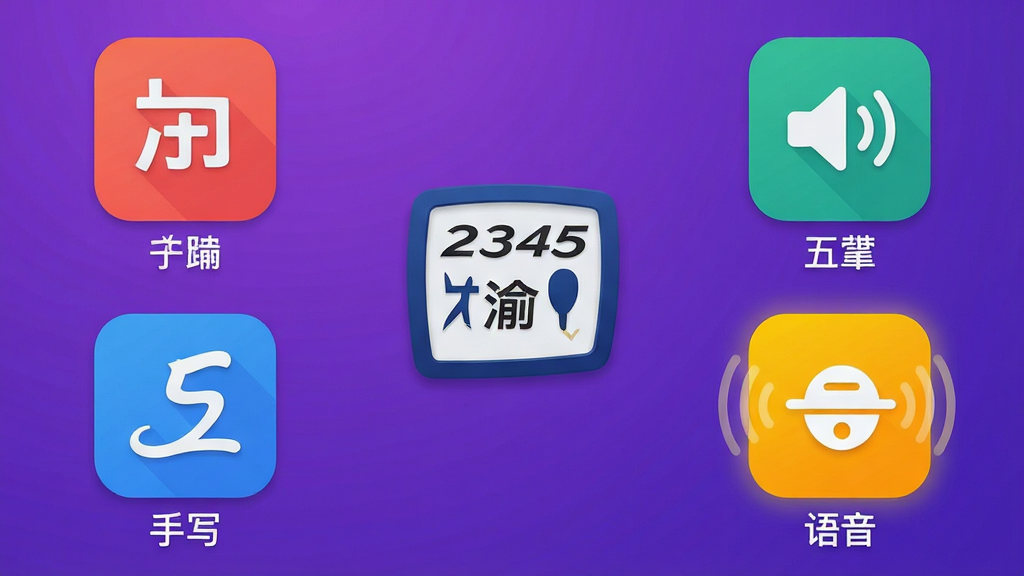 主体:2345王牌输入法多模式切换界面,展示拼音、五笔、手写、语音四个图标,其中语音图标高亮。布局:四个功能图标呈田字格排列,中央为输入法logo。排版:图标下方标注对应文字,简洁明了。风格:扁平化,色彩鲜艳。细节:语音图标带有声波动态效果,背景为渐变紫色。画质:4K,干净无多余元素。