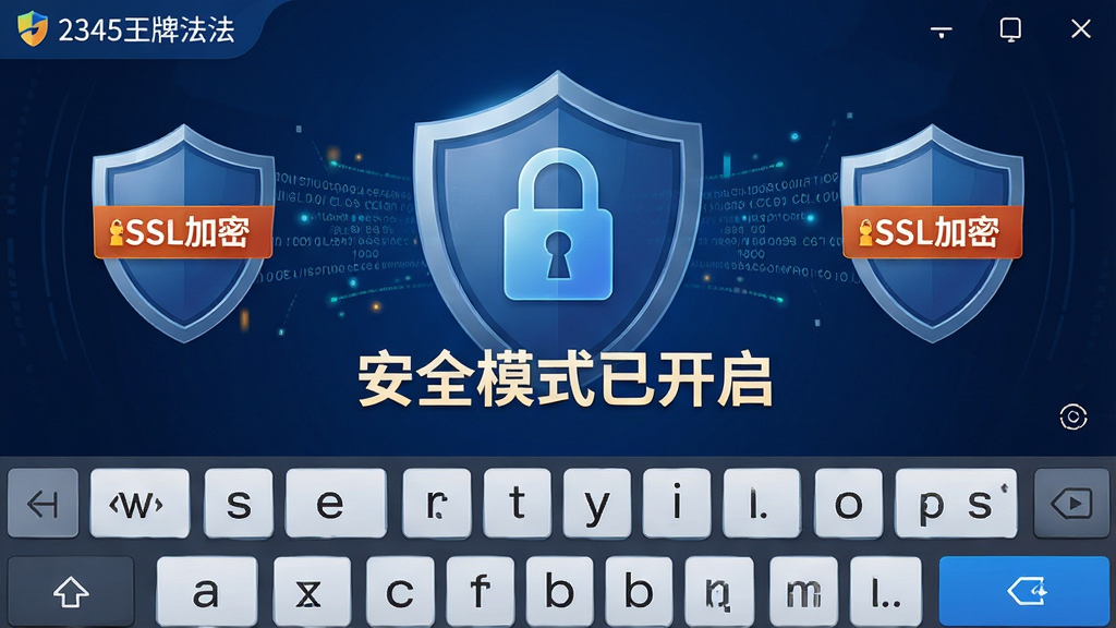 主体:2345王牌输入法安全键盘界面,屏幕中央显示加密锁图标,周围环绕防护盾与数据流。布局:左右对称,中央为“安全模式已开启”字样。排版:简洁大方,警示色点缀。风格:科技安保风,深蓝色背景。细节:盾牌上带有“SSL加密”标签,下方有键盘输入区域。画质:高清,干净无多余元素。