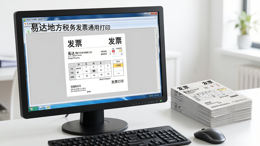 主体:一台运行着易达地方税务发票通用打印软件的电脑屏幕,屏幕上清晰显示着发票打印预览界面,旁边放着一叠已打印好的发票纸张。布局:电脑屏幕位于画面中央偏左,右侧是整齐的发票纸张,底部是键盘和鼠标。排版:画面干净整洁,电脑屏幕上的软件界面显示“易达地方税务发票通用打印”字样,发票纸张上印有“发票”字样。风格:写实风格,光线明亮,商务办公场景。细节:屏幕上的发票模板线条清晰,纸张有细微纹理,鼠标和键盘质感真实。画质:高清,干净,无多余元素。